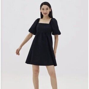 Love Bonito Babydoll Crepe Dress Puff Sleeve Tie Back Sz 6 Navy